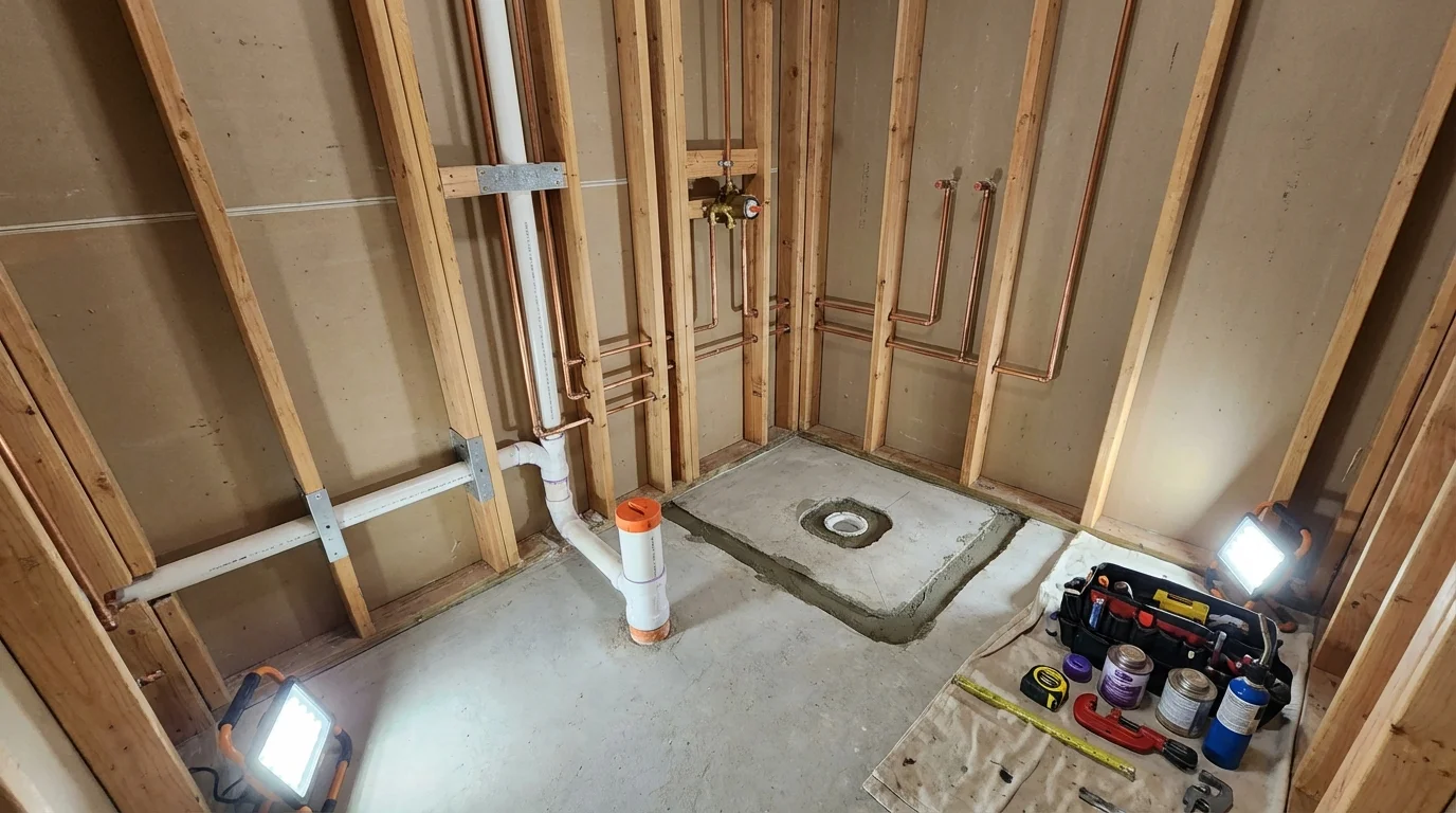 Bathroom rough-in plumbing during remodel by Johns Plumbing LLC in Calico Rock
