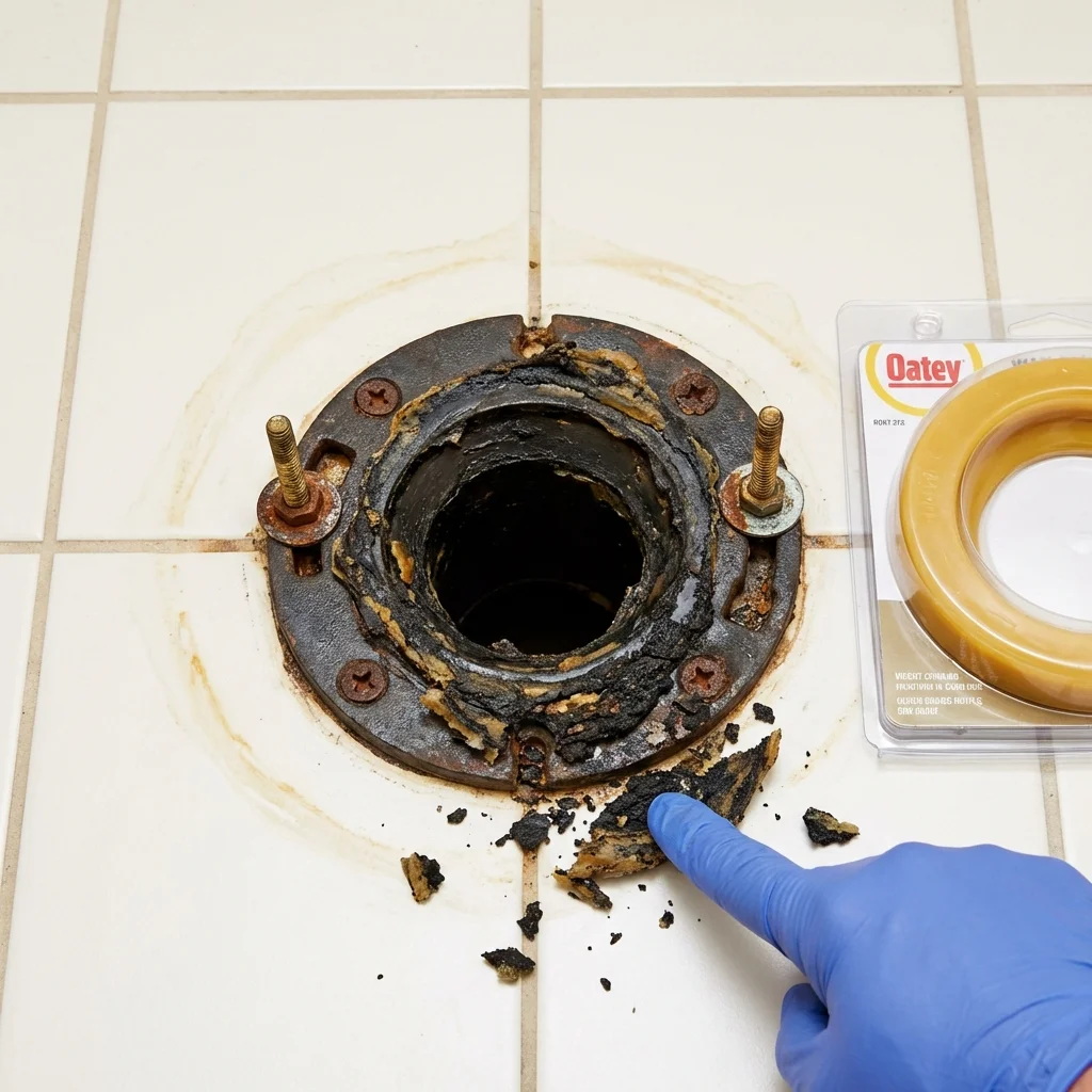 Failed wax ring showing water seepage at the base of a toilet in a Calico Rock, AR home